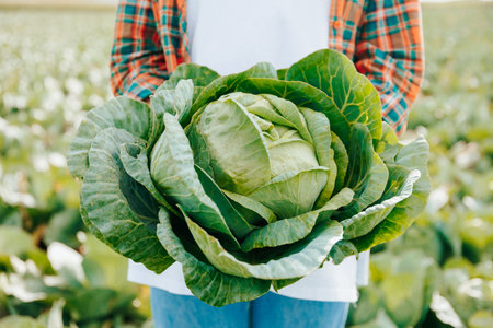 Unrecognizable close up against background of blurred vegetable field head of cabbage in hands of a farmer. A large green cabbage with many leaves in the strong hands of a field worker. Front view.の写真素材