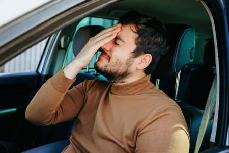 A young man guy sits in a car holding his hand on his head which hurts. The driver behind the wheel stopped to catch his breath. He probably has a headache.の写真素材