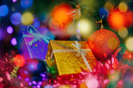 Close up golden gift box tied with a bow against the background of an incredibly lovely glow of a garland. Christmas toys and holiday atmosphere. Selective focus.の写真素材