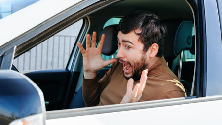 A young man looks in the side mirror of his car, let go of the steering wheel and screams. Probably saw something on the road and was scared or surprised. Peoples reactions to different situations.の写真素材