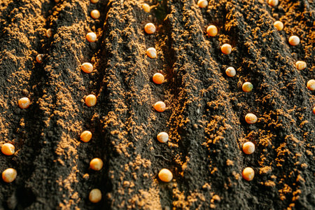 close up of Fertile ground in which seeds are planted in rows, cultivation in black soil with chernozem, selective focus, agricultural concept.の写真素材