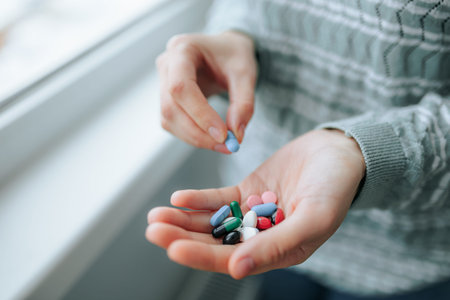 Full palm of vitamins and minerals to drink. Health concept. Top view, close up. At home. Close up...