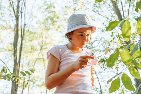 Cute adorable Caucasian girl kid looking at tree in forest through magnifying glass. Children friends siblings with loupe studying learning nature outside. Child education concept.の写真素材