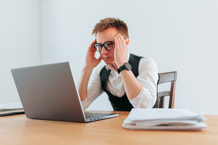 A guy in eyeglasses looks exhausted and overwhelmed as he works at his computer, struggling to manage the stress and workload of his job. Eyestrain and Overload The Strain of the Office Jobの写真素材