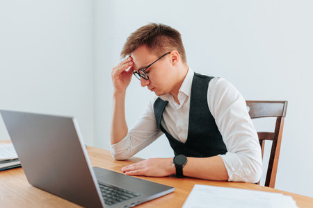 A guy in eyeglasses holds his head in his hands, feeling the weight of a headache and the stress of a long day at work. Headaches and Pressure The Strain of the Workplaceの写真素材