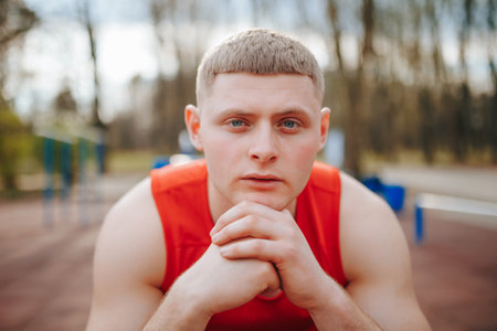 a young guy poses confidently outside, wearing a bold red t-shirt that highlights his youthful energy and passion for life. His trendy sportswear shows off his sense of style,の写真素材
