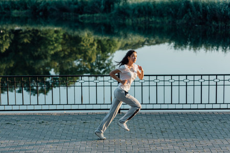 Stretching and Striding: The Ultimate Teen Running Routine. Side view of sporty young woman running on sidewalk in morning. Health conscious concept with, Sport lifestyle.の写真素材