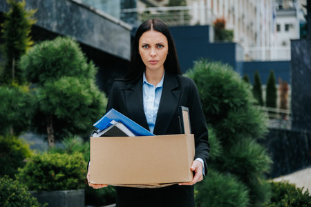 A woman standing outside, holding a box, looking lost and jobless. An unemployed woman with a lost job, holding a box of her belongings. Weight of Loss Woman Carrying Box After Being Firedの写真素材