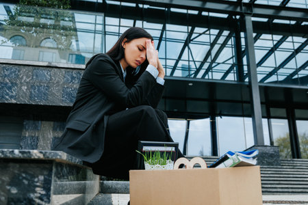An individual is shown sitting on a cardboard box, holding a sign that reads unemployed and looking worried and upset. After her dismissal, she sits with her cardboard box, uncertain of whatの写真素材