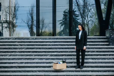 A female employee stands on the steps of a tall building with a cardboard box, a look of despair on her face, as she faces the reality of being fired from her job.の写真素材