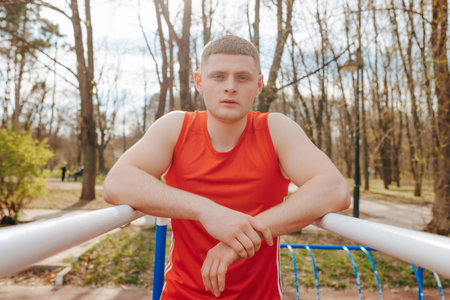 Portrait of a Handsome Young Guy in Red T-Shirt A Model of Youth and Health Outdoors. Authentic...
