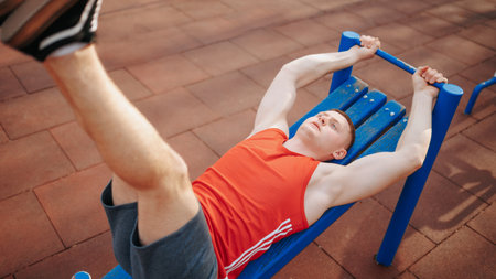 Sporting Performance Fitness Training Outdoors. top view captures a young man doing outdoor sporting activities, training and staying fit through exercise and physical activity.の写真素材