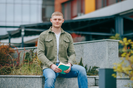This portrait of a young male sitting with his book in an urban location showcases his handsome features and authentic expression. Urban Oasis A Young Man Relaxing with Book in the Cityの写真素材