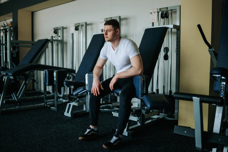 Recharging Mind and Body A tired man seeks relaxation and rejuvenation after pushing his limits at the gym. Exhausted and weary, a man finds tranquility in the serene atmosphere of the gymの写真素材