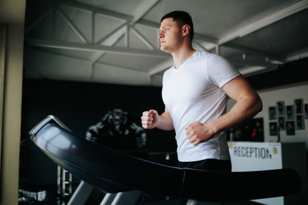 A fit guy doing a series of cardio exercises, including running and jumping, in his sportswear. Pushing Limits The Ultimate Gym and Running Session for Guysの写真素材