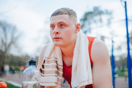 Portrait of Fatigued and Sweating Guy After Grueling Outdoor Training. Portrait of a tired and fatigued sweating guy after a grueling outdoor training session.の写真素材