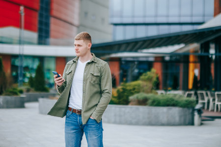 A young businessman using his smartphone to stay connected while on a break. Gorgeous boy with smartphone posing confidently outdoorsの写真素材
