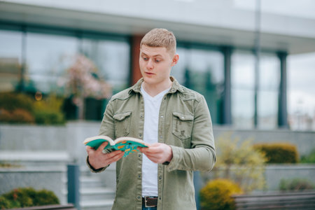 A handsome guy reading a book outdoors, gazing off into the distance, lost in thought. The Power of Reading A Boy Stares in Amazement at His Bookの写真素材