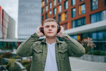 A man in a white shirt, standing in front of a tall building and listening to music with headphones. City Sound Waves Handsome Guy Enjoying His Music in the Backgroundの写真素材