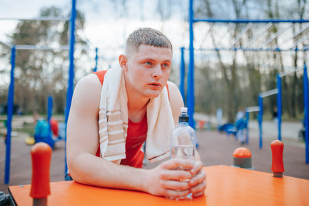Young Sporting Male Hydrating with Water Bottle During Workout. Young male athlete taking a moment to rest and hydrate with his water bottle during a workout outside.の写真素材