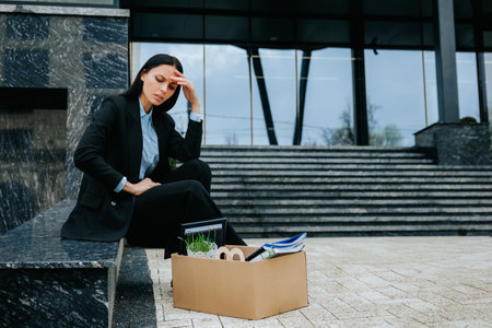 A woman sits on a cardboard box, looking upset and distressed after experiencing work loss and unemployment. Feeling lost and upset after being fired, she sits with her cardboard box.の写真素材