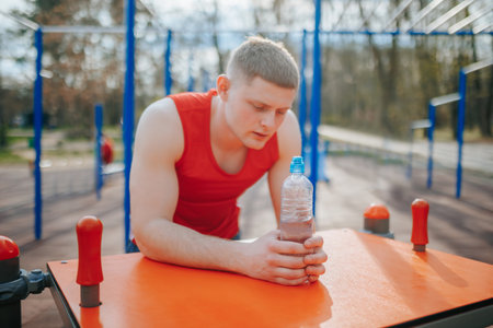 Young Male Athlete Rehydrating with Water Bottle Outdoors. Sweaty guy taking a break from his intense workout, holding his water bottle.の写真素材