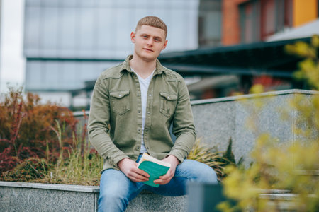 A young guy is captured in a portrait while sitting with his book outside, the lovely scenery serving as a beautiful backdrop. The Intellectual A Young Guy Sitting with Book in the Cityの写真素材