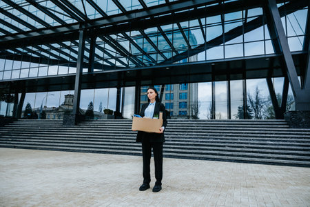 An outdoor photo of a woman walking with a carton box reading loss work, reflecting on her job loss and feeling the stress of being unemployed.の写真素材
