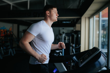 A male sportsman sweating profusely while doing cardio and other physical exercises at the training gym. Fit and Focused The Power of Cardio and Gym Training for Menの写真素材