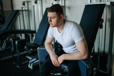 Exhaustion Meets Relief An overworked guy experiences a sense of relaxation after a rigorous gym session. An exhausted male athlete catches his breath after a rigorous workout at the gym.の写真素材