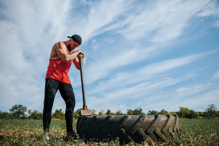 Outdoor CrossFit Workout Muscular Man with the hammer Taking a Break. fitness A muscular man catches his breath next to the CrossFit wheel after an intense training session.の写真素材
