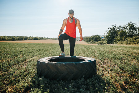 CrossFit Exercise Strong Man and CrossFit Wheel. Young man takes a breather next to the CrossFit...