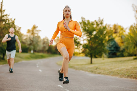 Amidst a picturesque outdoor setting, a personal trainer encourages his female client, emphasizing the joy and fulfillment of an active jogging experience.の写真素材
