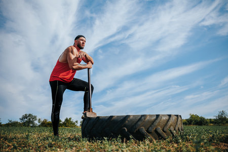 Strong Male Athlete with the hammer After Cross Fit Training Outdoors. Portrait of a strong Caucasian man resting by the CrossFit wheel after a challenging workout outdoors.の写真素材