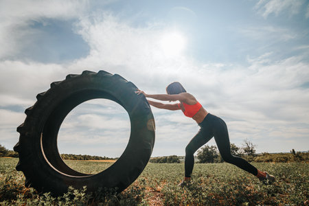 A determined Cross Fit woman showing her strength and fitness by lifting a wheel outdoors. Cross Fit Training Female Athlete Demonstrating Strength with a Wheel Liftの写真素材