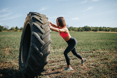 Outdoor workout Cross Fit woman engaging in a fitness routine with a lifting wheel. Fit and Determined Cross Fit Woman Exercising with a Wheel Outdoorsの写真素材