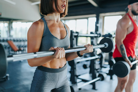 Two people, a man and a woman, demonstrate their commitment to fitness by lifting weights together at the gym, embodying the spirit of athleticism.の写真素材