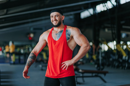 This captivating gym portrait features a strong, young happy man of Latin heritage, embodying the essence of fitness and athleticism. Caucasian Man in Sportswear Gym Portraitの写真素材