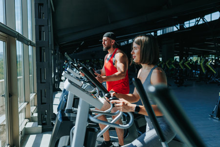 Two gym enthusiasts, a young man and woman, dressed for a workout session, engage in physical training, promoting fitness and healthの写真素材