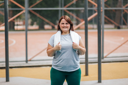 an American woman, confidently sporting sportswear and showcasing her fit and active body. Her...