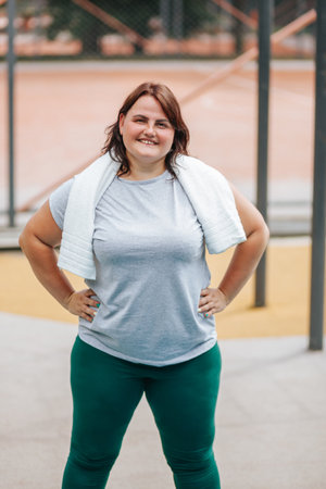 An oversized individual is portrayed here in sportswear, embodying the spirit of a sporty and fit lifestyle. This real person exudes confidence and happiness after their weight loss journey.の写真素材