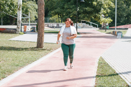 This determined American is jogging hard to reach her fitness and weight loss goals. Getting active in the great outdoors is this womans way of staying fit and happy.の写真素材