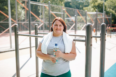 In pursuit of fitness, a plus size woman finds happiness after an outdoor workout. She smiles with satisfaction, holding a water bottle and wearing a radiant smile.の写真素材
