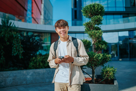 A male student chatting with friends on his smartphone during a break. Teenage Student looking at camera with Smartphone Capturing Joyful Momentsの写真素材