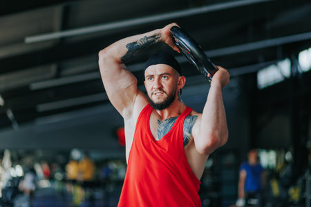This bodybuilder strikes a pose in the gym, highlighting his incredible strength during his weightlifting session. Mature Athletes Strength Training Lifting Weights with Purposeの写真素材