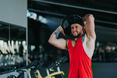 A muscular man showcasing his strength as he lifts weights in the gym during an intense weightlifting session. Strength Unleashed Muscular Man Lifts Weights in the Gymの写真素材