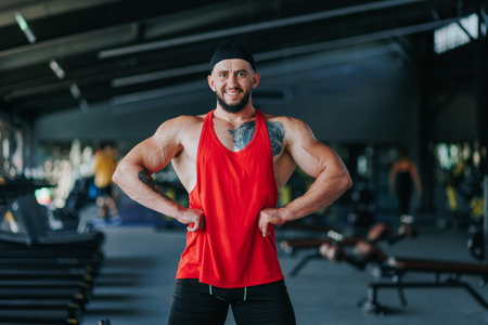 In this gym lifestyle portrait, a front view of a smiling young adult male reveals a muscular body and a dedication to fitness. Healthy Lifestyle Fitness Portrait of a Manの写真素材