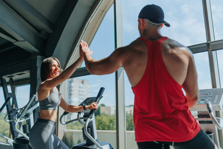 Buddies Celebrating Together After a Tough Workout. Fitness Partners Sharing a Victory Moment in the Gym, Workout Achievement Two Exercisers Uniteの写真素材