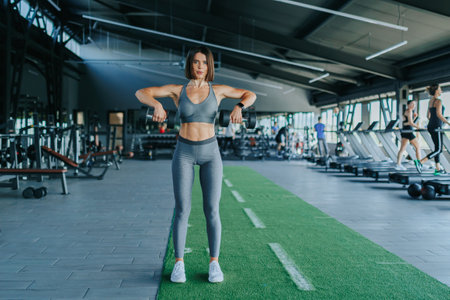 In a bustling gym, a sporty female works on her physical exercise routine with dumbbells. Active Lifestyle Sporty Female Concentrates on Dumbbell Trainingの写真素材