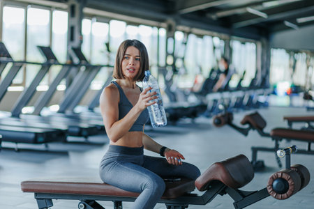 A portrait of a young woman at the gym, holding a water bottle and looking cheerful. Energizing Break Sports Woman Rehydrates at the Gymの写真素材